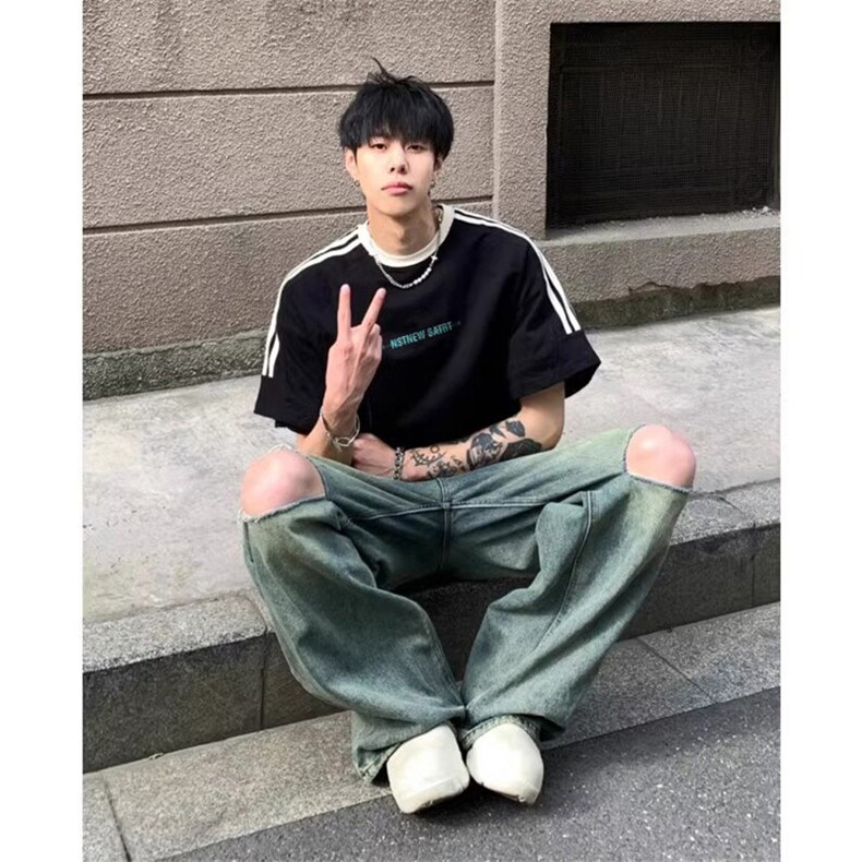 夏季美式高街重磅纯棉三条杠织带撞色男女短袖T恤ZD645-特P30图片