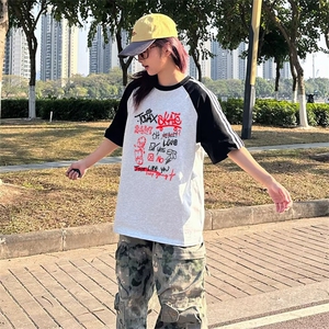 抖音得物品质二开240克宽松纯棉美式潮牌插肩三杠织带短袖T恤图片
