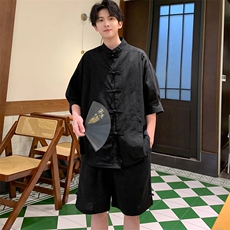 男装夏季短袖套装两件套新中式短裤宽松棉麻男装T033P95控138，男装休闲套装，电商A157
