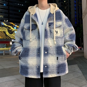 工装夹克男秋季新款潮流拼色格子大码外套男学生宽松休闲连帽秋装图片