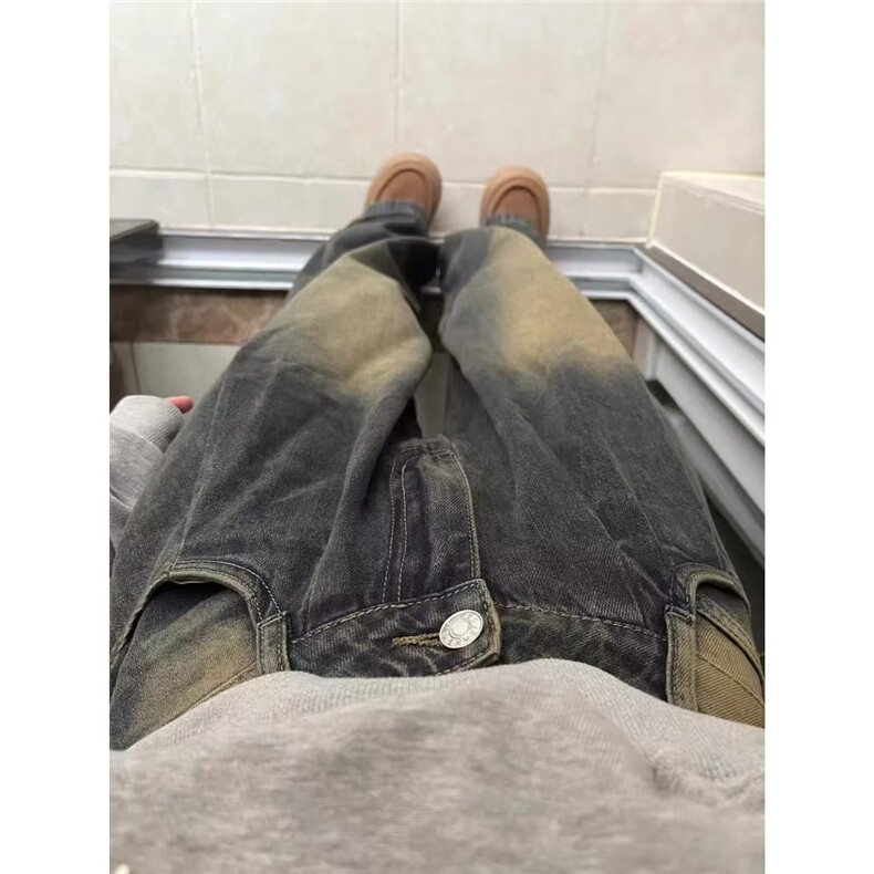 美式复古牛仔裤女春季2025新款水洗做旧直筒裤宽松阔腿长裤,男装牛仔裤,星座506A