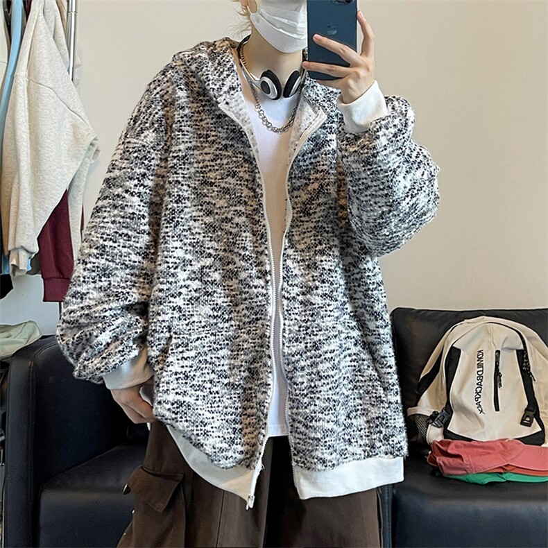 秋装oversize潮牌男女同款连帽开衫卫衣新款针织衣外套HY629P75,女装短外套,电商A102B