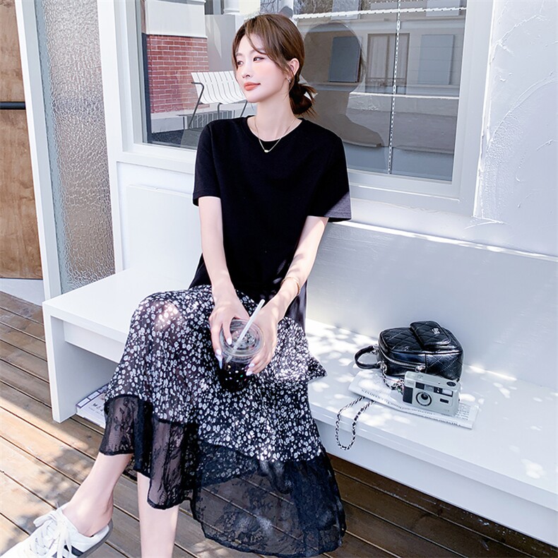 假两件拼接碎花连衣裙女2025夏季淡人巨好看慵懒风圆领休闲长裙子,女装连衣裙,2D009