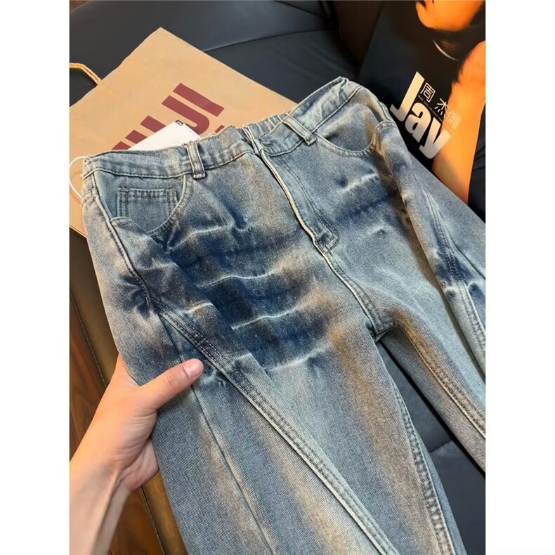 美式水洗闪电纹斜切牛仔裤男女高街显瘦微喇裤S8448P45,男装牛仔裤,星座1112-1