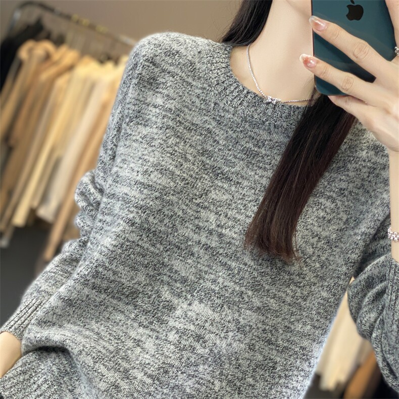 秋冬100%纯羊毛衫女圆领夹花色长袖针织毛衣宽松羊绒衫打底衫上衣,女装羊毛衫,昭美羊绒