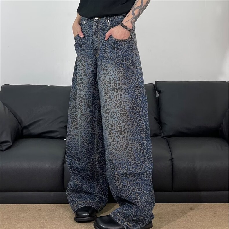 豹纹弯刀裤男女做旧潮牌宽松街头痞帅美式炸街牛仔裤男LN300-P52图片