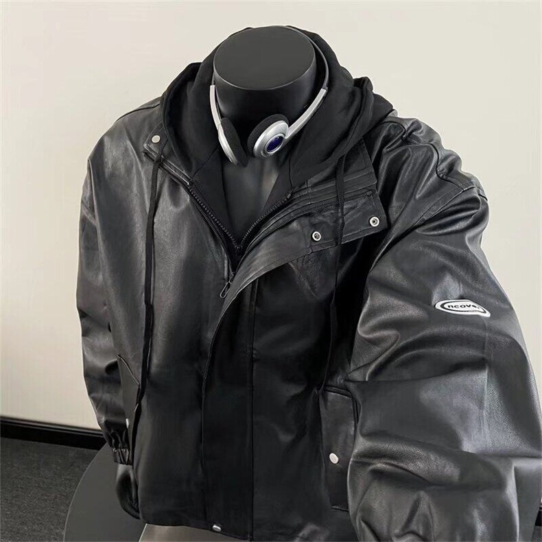 假两件连帽皮衣男士夹克春秋潮牌哈雷机车外套1001-1-PY118-P85,男装皮衣,星座1001-1