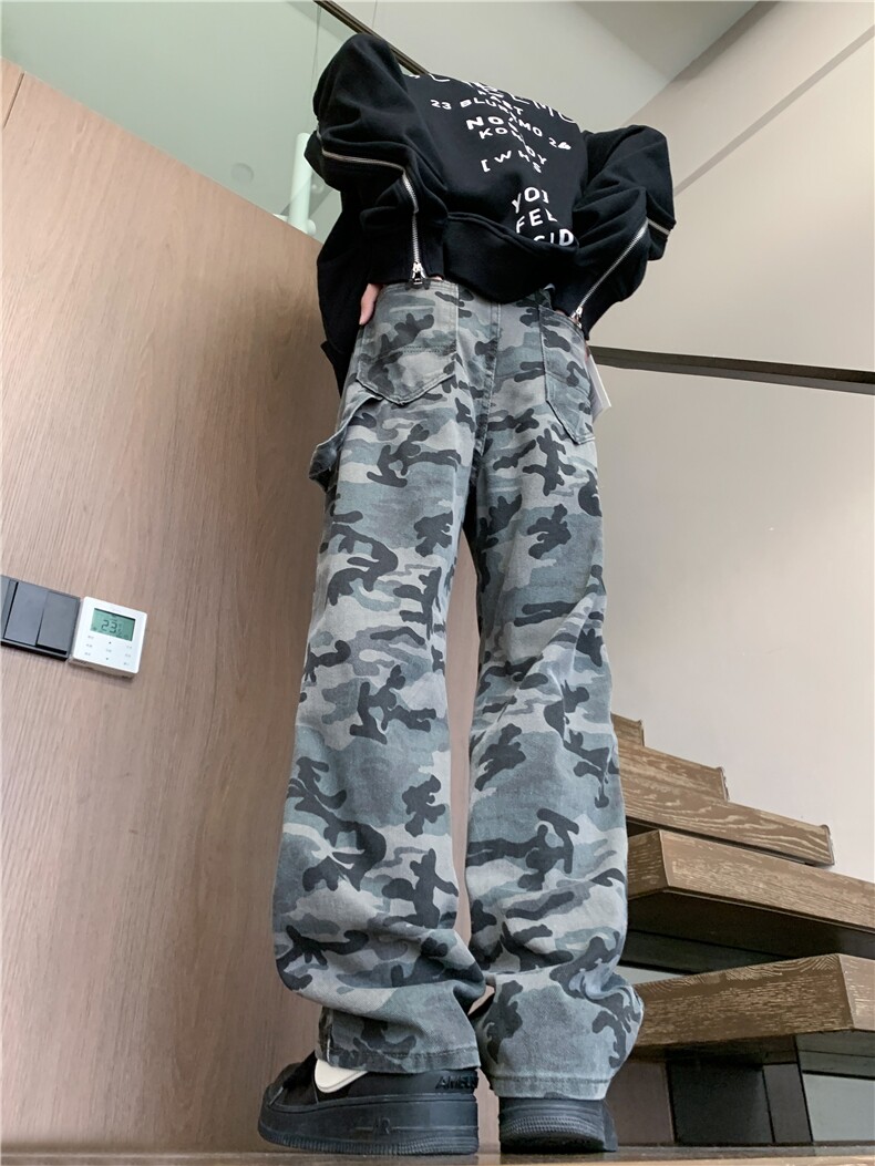 春季美式迷彩微喇牛仔裤潮休闲做旧直筒高街工装裤伐木裤GJ39P45,男装牛仔裤,电商D256-3(原A064-3)