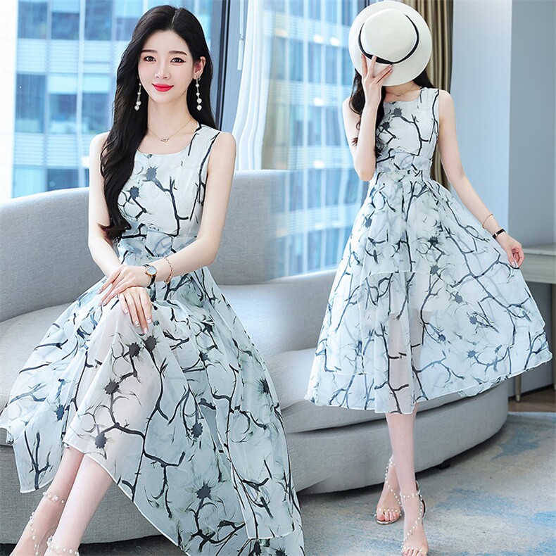 2023年夏季韩版通勤时尚潮流中长款A字裙优雅印花修身连衣裙，女装连衣裙，火爆靓佳人