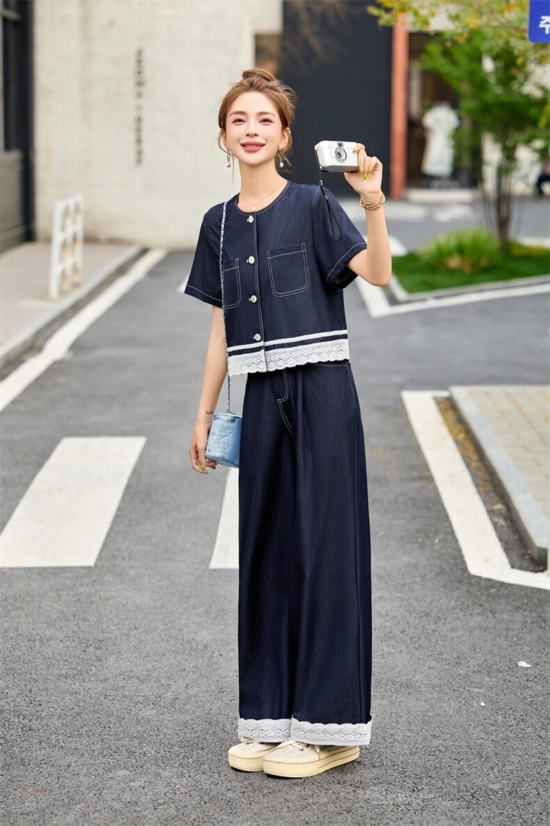 夏日ootd穿搭牛仔套装女2025新款设计感蕾丝拼接上衣阔腿裤两件套,女装套装/套裙,涵墨