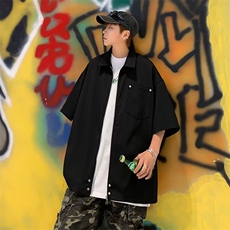 美式高街铆钉拉链开衫短袖衬衫男日系工装黑色休闲外套衬衣C401，男装衬衫，星座1116A-1（原606A）