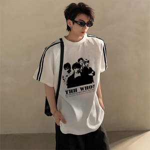 抖音得物高品质二开240克宽松纯棉美式潮牌三条杠织带短袖T恤图片