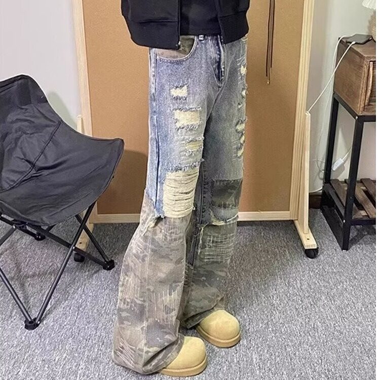 迷彩半拼接牛仔裤痞帅重工破洞做旧男女阔腿牛仔裤,男装牛仔裤,星座410-7
