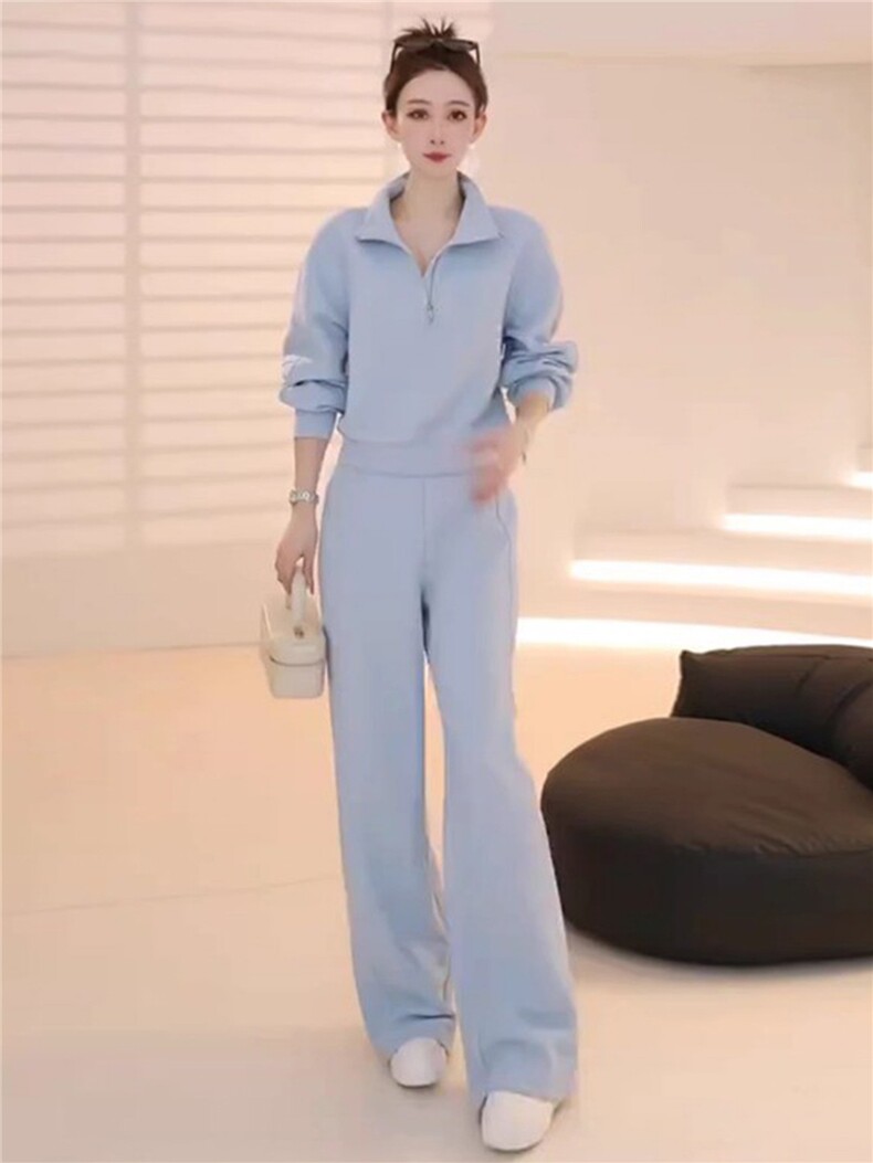韩版休闲运动套装女春季新款洋气显瘦半开立领卫衣直筒长裤两件套,女装套装/套裙,江南