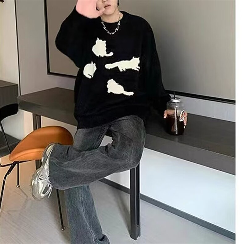 猫咪马海毛毛衣男女同款情侣秋季潮牌美式复古宽松慵懒针织衫,男装针织衫/毛衣,星座218-1（原230）