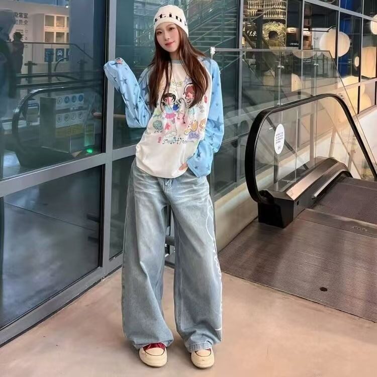 小个子新款美式水洗复古口袋弯刀牛仔裤刺绣秋季宽松显瘦阔拖地,男装牛仔裤,星座1210-1