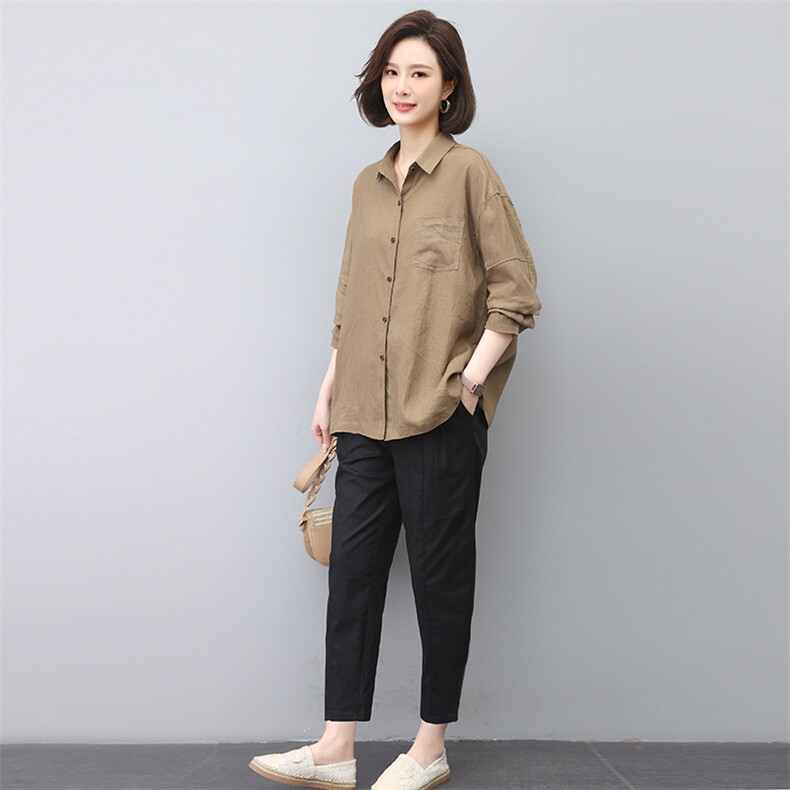 中年妈妈春季休闲亚麻长袖衬衫女2023新款两件套装,女装套装/套裙,忆绮罗