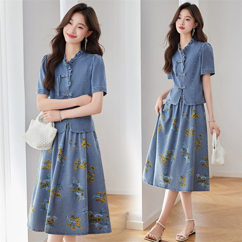 夏装薄款休闲牛仔套装裙女2025新款时尚通勤气质显瘦高级套两件套，女装套装/套裙，伊航服饰