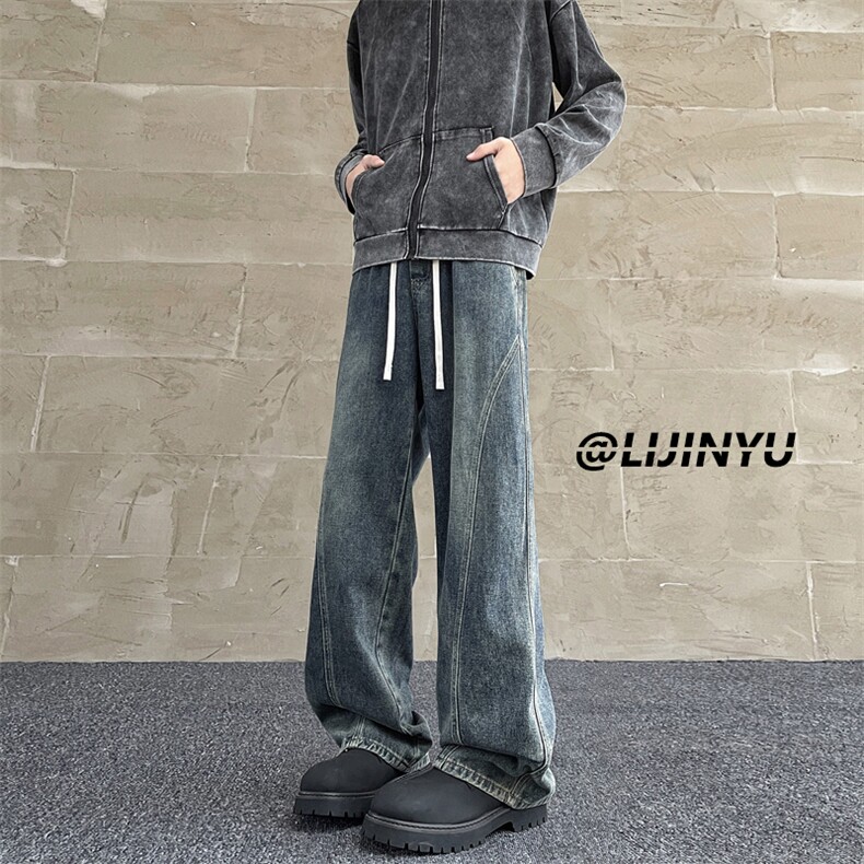 复古牛仔裤男直筒宽松美式高街裤子抽绳阔腿潮牌长裤K760-特批-40，男装牛仔裤，星座718-1