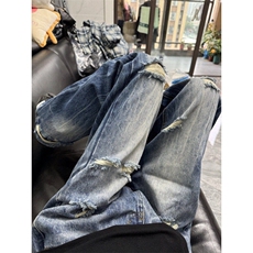 美式高街乞丐破洞牛仔裤男小众水洗vibe裤子直筒微喇裤L83300-P45，男装牛仔裤，星座1008