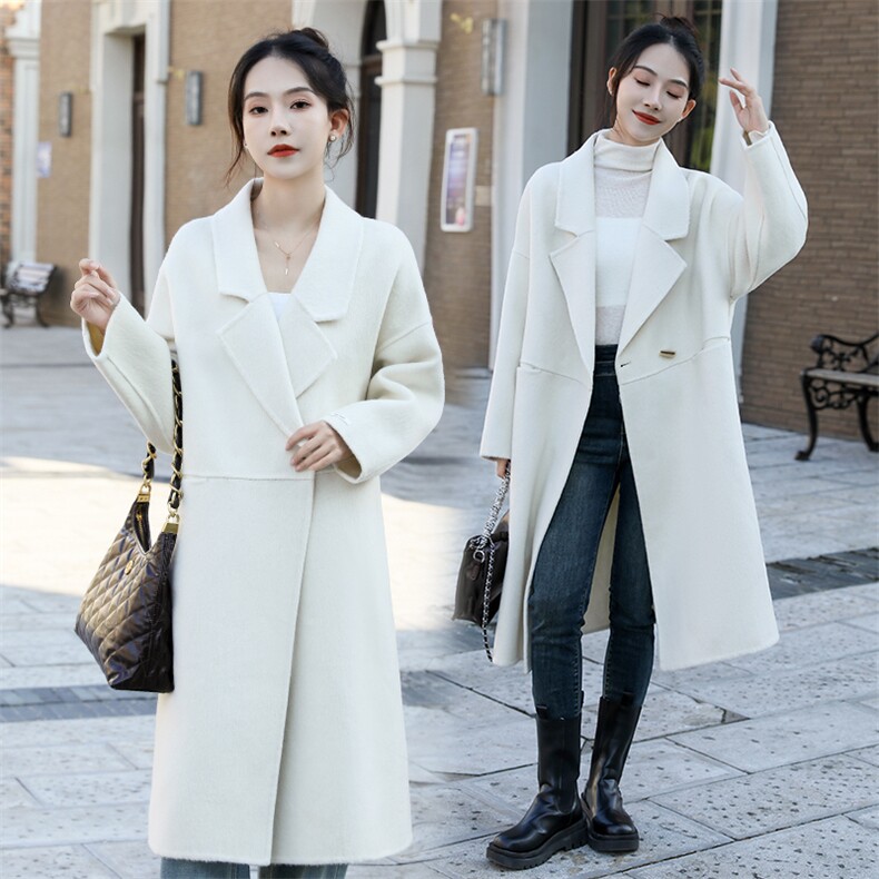 现货主推新款双面羊毛长毛呢一粒扣西装领中长款羊毛大衣，女装双面呢大衣，丝露怡语