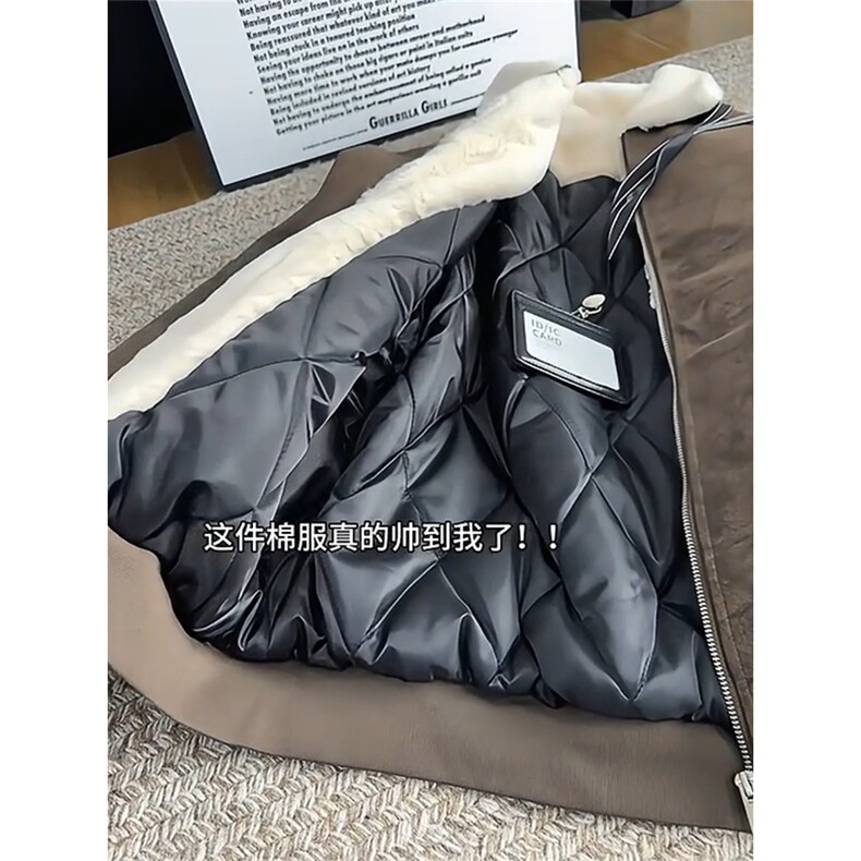 现货重磅硬挺boxy羽绒棉衣座山雕羊羔毛领洗水麂皮棉服冬外套,男装棉衣,电商A486-1