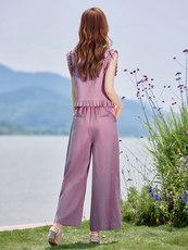 现货。薄料亚麻料阔腿裤两件套女夏时尚气质无袖上衣九分裤套装，女装套装/套裙，E百度