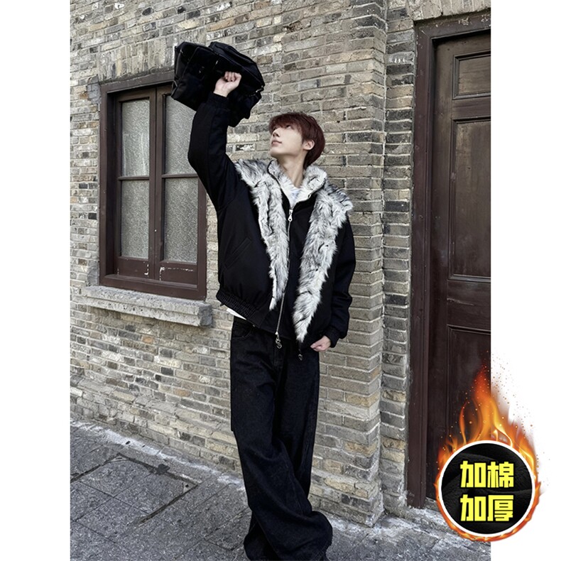 现货高品质美式高街重磅狼王座山雕毛毛领假两件棉衣加厚棉服外套，男装棉衣，电商A486-1