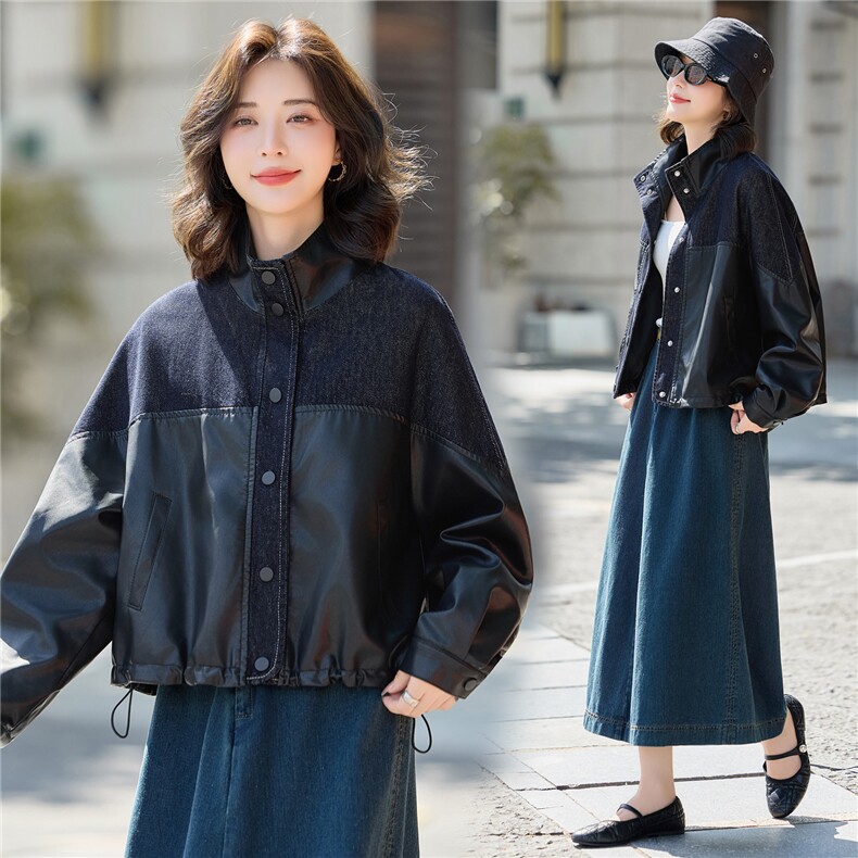 【秋季女装新款】大量现货牛仔相拼立领休闲短款皮衣外套，女装皮衣，魅衣本色