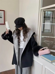 25131-38小个子中长款真袖毛双面羊毛大衣女连帽浴袍系带图片