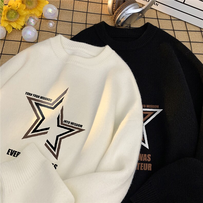 特批港风毛毯五角星印花宽松长袖圆领毛衣M1063P45控68,男装针织衫/毛衣,电商A247