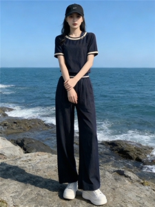 时尚潮流休闲套装女夏季新款高级感显瘦收腰拼接短袖阔腿裤两件套图片