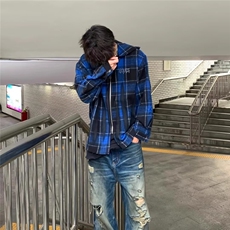 美式哥特风蓝格连帽衬衫男女春秋季潮牌高街拉链宽松休闲长袖外套，男装衬衫，星座1210-1
