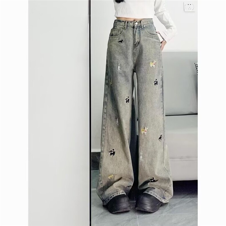 6626-P42美式复古趣味小狗刺绣牛仔裤女夏季新款高腰显瘦直筒，男装牛仔裤，电商B323A