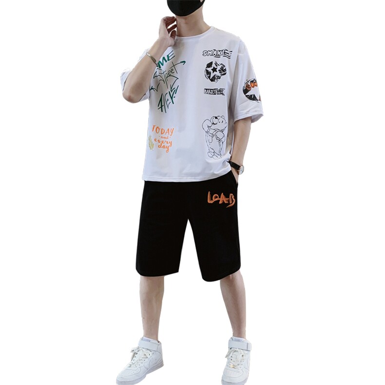 2024夏季潮流时尚T恤男装青少年宽松休闲ins圆领套装F307P58,男装休闲套装,电商A086