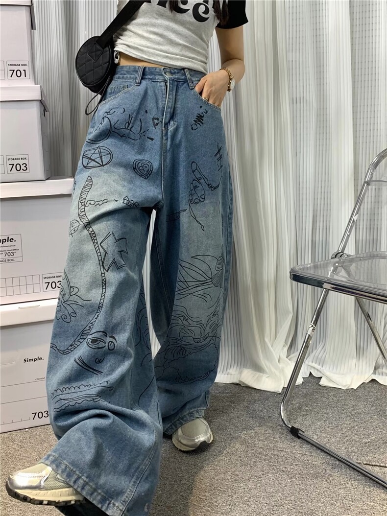 美式高街头涂鸦阔腿裤男百搭oversize古着牛仔裤NK8004P45,男装牛仔裤,星座1116-2