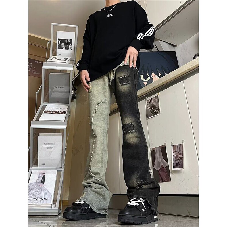 美式vibe毛边裤子高街破洞拼接微喇牛仔裤男款修身直筒双色鸳鸯裤,男装牛仔裤,星座506A