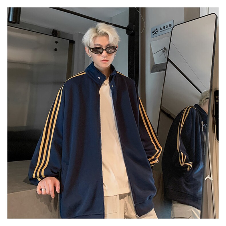 秋季380克全棉宽松条纹拉链套头卫衣立领POLO衫外套AH914-P42，男装Polo衫，四季星座610B