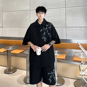 风绣花衬衫套装印花宽松版型百搭短袖衬衫套装CS931+DK933P65图片