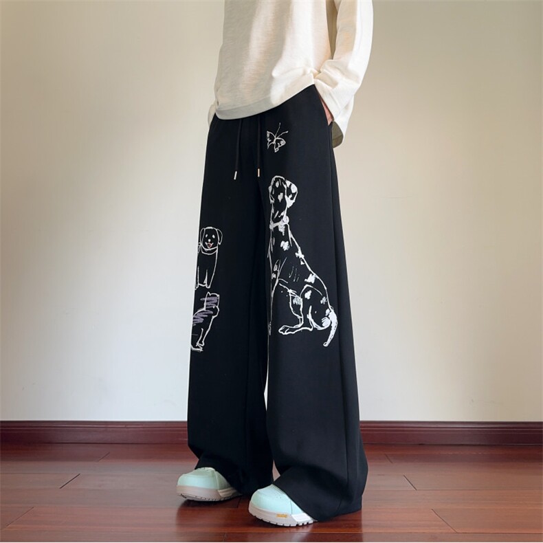 少年感垂感裤子男生春秋季遮肉显瘦小狗印花潮牌宽松直筒阔腿长裤，男装休闲裤，电商B315