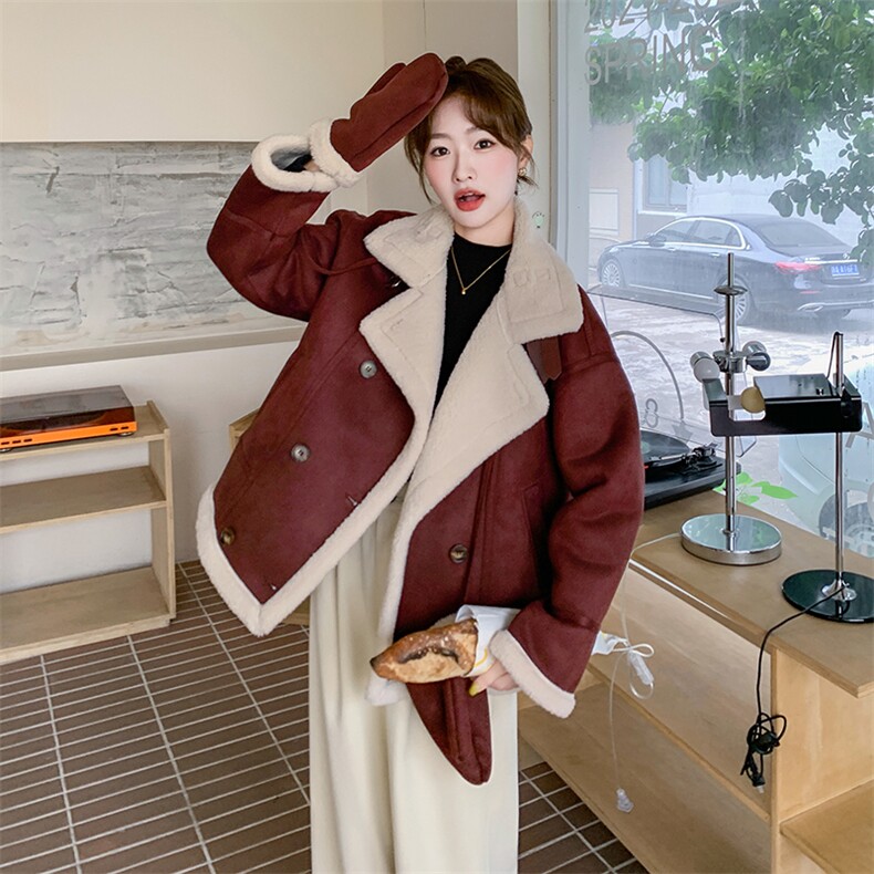 皮毛一体麂皮外套女2025冬加绒复古小个子时尚短款羊羔毛高级感厚,女装羊羔毛/颗粒绒,浙宝069