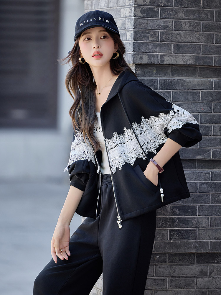 水衣源2788款时尚运动休闲连帽蕾丝拼接针织套装女,女装套装/套裙,水衣源