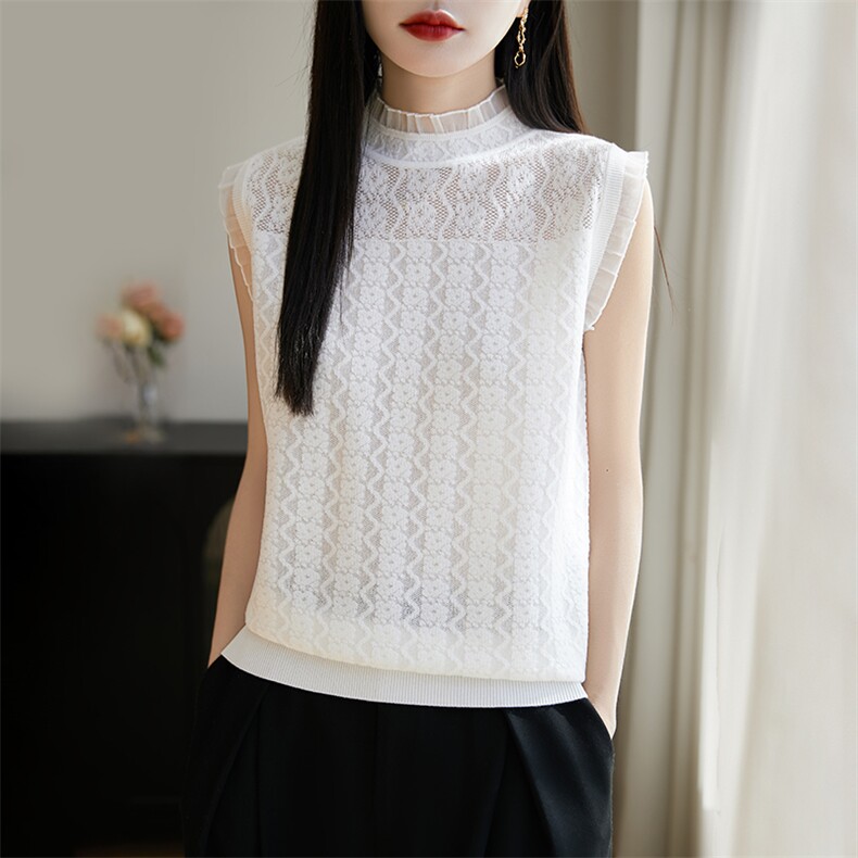 蕾丝性感吊带背心女2025夏季花边领无袖西装内搭针织衫钩花打底衫,女装T恤,暖烁羊绒