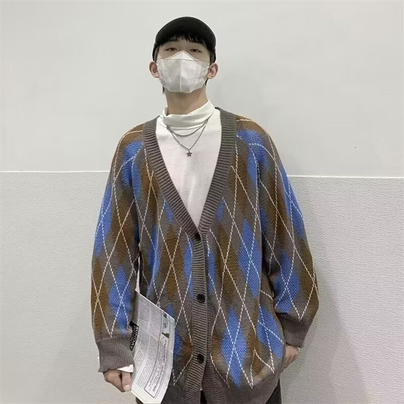 菱形格子毛衣男秋冬季港风复古ins潮流宽松V领M5516-P45,男装针织衫/毛衣,星座1109-3