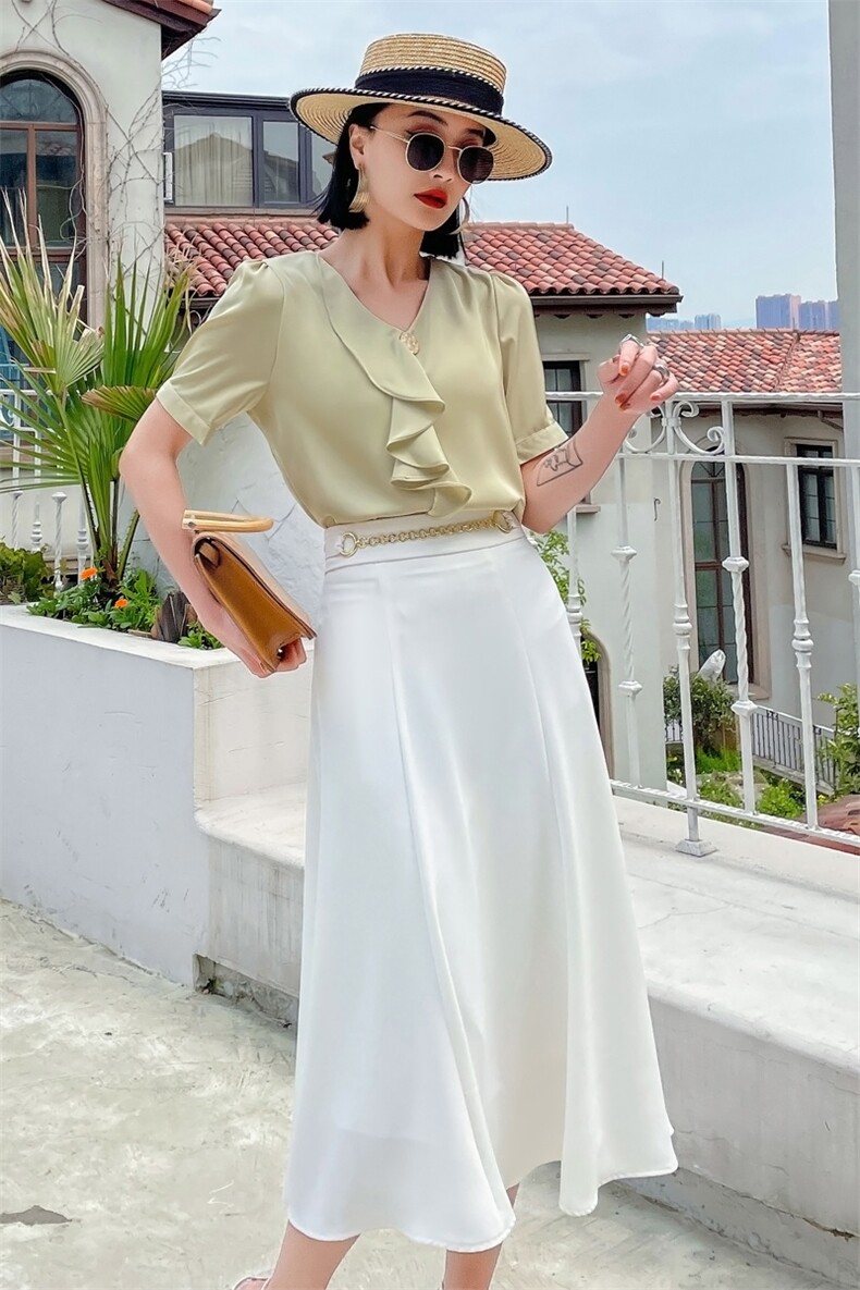 2022夏季新款时尚气质荷叶边小衫+休闲半身裙两件套，女装套装/套裙，时尚俏佳人