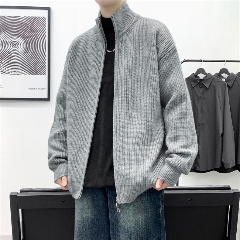 MY688-P65高领双拉链开衫毛衣慵懒风大码针织毛衣外套，男装针织衫/毛衣，电商A320A