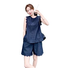 藏青色盐系一整套蕾丝花边牛仔套装女2025夏季新款背心短裤两件套，女装套装/套裙，2C159
