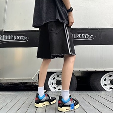 毛边破洞牛仔短裤男设计感小众三条杠做旧牛仔裤H219P40，男装牛仔裤，星座1116-2