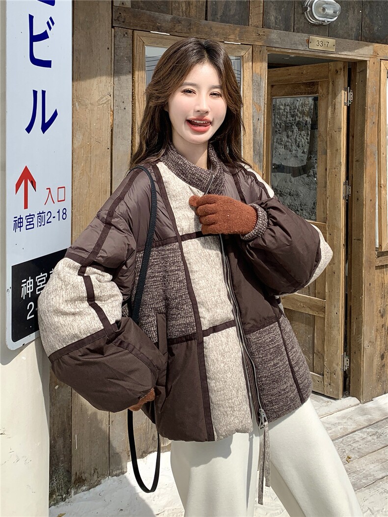 现货拼色羽绒服女冬短款小个子2025年新款今年流行设计感小众拼接,女装羽绒服,琦鑫阁（原依鑫阁）