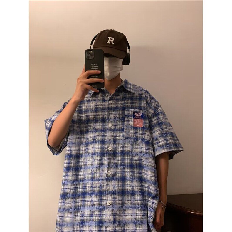 格子短袖衬衫男士夏季日系宽松半袖衬衣感痞帅上衣外套TT002-P40,男装T恤,星座911-3